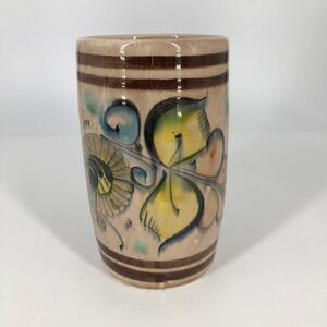 Tonala Mexican Pottery Cup Vase Hand Painted Flower Signed Blue Brown 5"